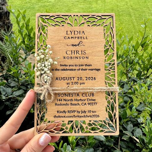Pack of Floral Personalized Wedding Invitations - Laser Cut Wedding Invitation - Flower Twined Wooden Invitations with Envelopes & Stickers in Saudi Arabia
