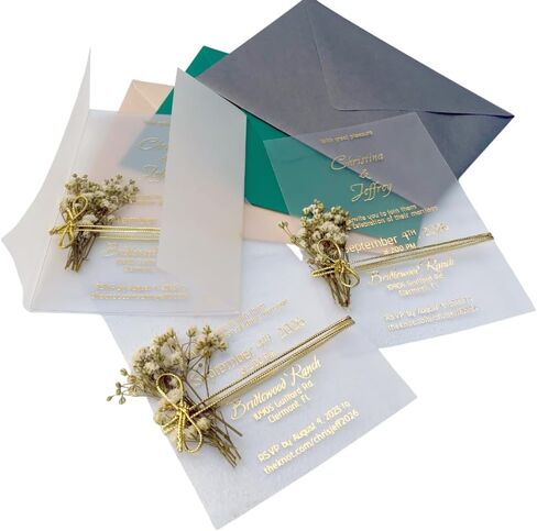 Set of Acrylic Wedding Invitations with Vellum Jacket - Gold Foil Wedding Invitation - Flower Twined Clear Invitations with Envelopes & Stickers in Saudi Arabia