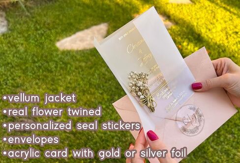 Set of Acrylic Wedding Invitations with Vellum Jacket - Gold Foil Wedding Invitation - Flower Twined Clear Invitations with Envelopes & Stickers in Saudi Arabia