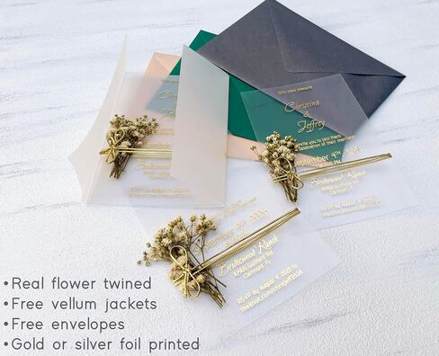 Set of Acrylic Wedding Invitations with Vellum Jacket - Gold Foil Wedding Invitation - Flower Twined Clear Invitations with Envelopes & Stickers in Saudi Arabia