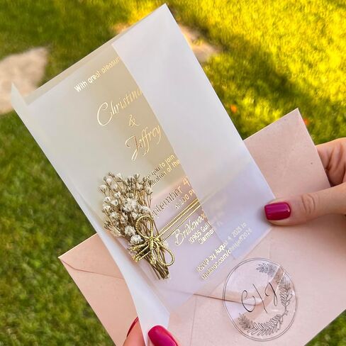 Set of Acrylic Wedding Invitations with Vellum Jacket - Gold Foil Wedding Invitation - Flower Twined Clear Invitations with Envelopes & Stickers in Saudi Arabia