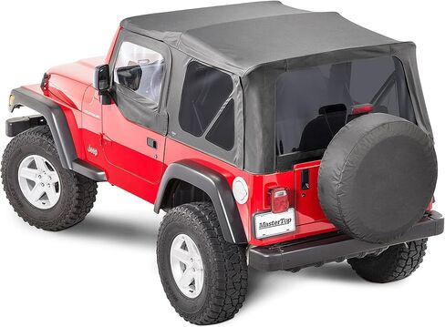 غطاء علوي ناعم بديل من MasterTop - يناسب Jeep Wrangler TJ 1997-2006 - نوافذ مصقولة 40 مل - نسيج قماش شراعي ممتص للصوت - خياطة من الدرجة البحرية (نسيج قطني طويل أسود، بدون جلود أبواب، نوافذ ملونة) in Kuwait