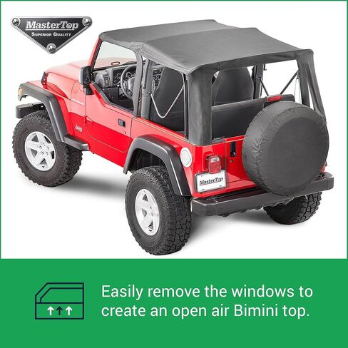 غطاء علوي ناعم بديل من MasterTop - يناسب Jeep Wrangler TJ 1997-2006 - نوافذ مصقولة 40 مل - نسيج قماش شراعي ممتص للصوت - خياطة من الدرجة البحرية (نسيج قطني طويل أسود، بدون جلود أبواب، نوافذ ملونة) in Kuwait