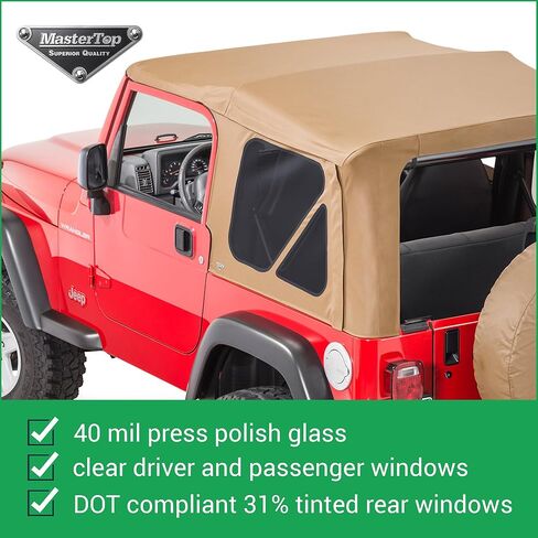 غطاء علوي ناعم بديل من MasterTop - يناسب Jeep Wrangler TJ 1997-2006 - نوافذ مصقولة 40 مل - نسيج قماش شراعي ممتص للصوت - خياطة من الدرجة البحرية (نسيج قطني طويل أسود، بدون جلود أبواب، نوافذ ملونة) in Kuwait