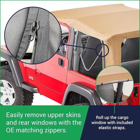 غطاء علوي ناعم بديل من MasterTop - يناسب Jeep Wrangler TJ 1997-2006 - نوافذ مصقولة 40 مل - نسيج قماش شراعي ممتص للصوت - خياطة من الدرجة البحرية (نسيج قطني طويل أسود، بدون جلود أبواب، نوافذ ملونة) in Kuwait