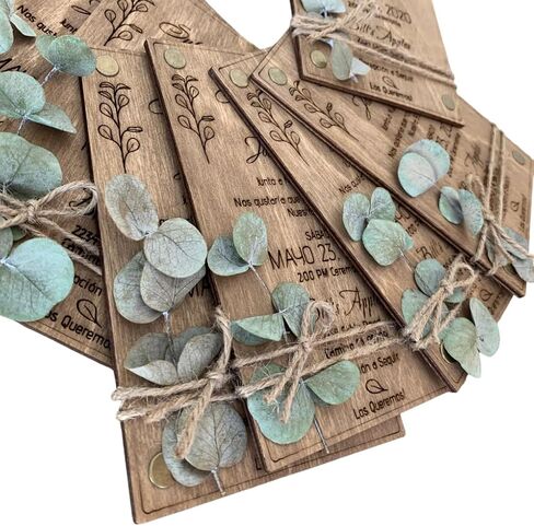 Pack of Eucalyptus Personalized Wedding Invitations - Laser Cut Wedding Invitation - Wooden Invitations with Envelopes & Stickers in Saudi Arabia