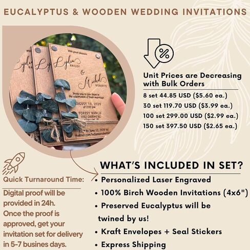 Pack of Eucalyptus Personalized Wedding Invitations - Laser Cut Wedding Invitation - Wooden Invitations with Envelopes & Stickers in Saudi Arabia