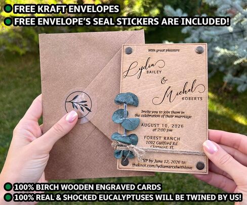 Pack of Eucalyptus Personalized Wedding Invitations - Laser Cut Wedding Invitation - Wooden Invitations with Envelopes & Stickers in Saudi Arabia