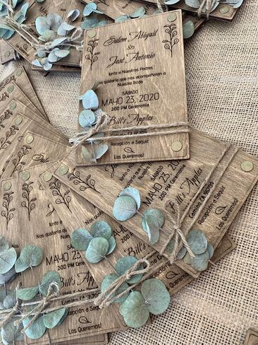 Pack of Eucalyptus Personalized Wedding Invitations - Laser Cut Wedding Invitation - Wooden Invitations with Envelopes & Stickers in Saudi Arabia