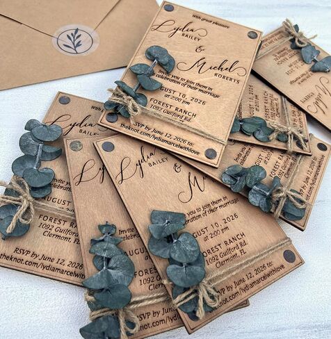 Pack of Eucalyptus Personalized Wedding Invitations - Laser Cut Wedding Invitation - Wooden Invitations with Envelopes & Stickers in Saudi Arabia