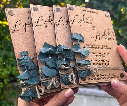 Pack of Eucalyptus Personalized Wedding Invitations - Laser Cut Wedding Invitation - Wooden Invitations with Envelopes & Stickers in Saudi Arabia