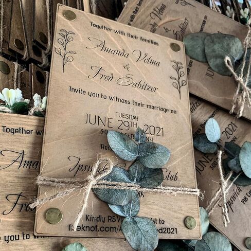 Pack of Eucalyptus Personalized Wedding Invitations - Laser Cut Wedding Invitation - Wooden Invitations with Envelopes & Stickers in Saudi Arabia