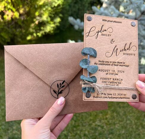 Pack of Eucalyptus Personalized Wedding Invitations - Laser Cut Wedding Invitation - Wooden Invitations with Envelopes & Stickers in Saudi Arabia