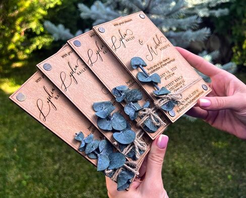 Pack of Eucalyptus Personalized Wedding Invitations - Laser Cut Wedding Invitation - Wooden Invitations with Envelopes & Stickers in Saudi Arabia