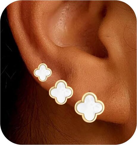 Clover Earring 3 Pair Small Clover Stud Earrings for Women Four Leaf Hypoallergenic Earrings Sensitive Ears for Birthday Christmas Anniversary Lucky Gifts (Gold/Clover Stud Earrings/White) in Kuwait