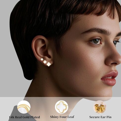 Clover Earring 3 Pair Small Clover Stud Earrings for Women Four Leaf Hypoallergenic Earrings Sensitive Ears for Birthday Christmas Anniversary Lucky Gifts (Gold/Clover Stud Earrings/White) in Kuwait