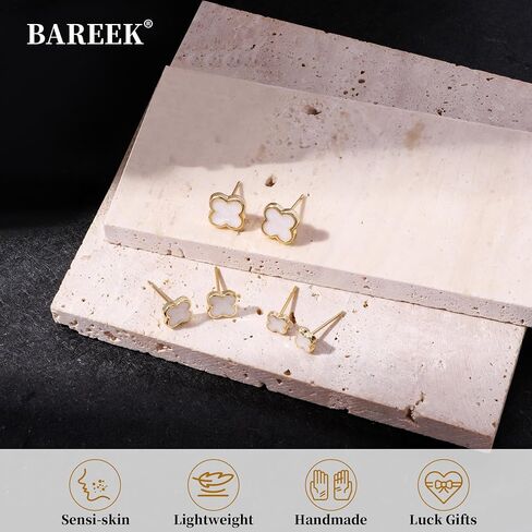 Clover Earring 3 Pair Small Clover Stud Earrings for Women Four Leaf Hypoallergenic Earrings Sensitive Ears for Birthday Christmas Anniversary Lucky Gifts (Gold/Clover Stud Earrings/White) in Kuwait
