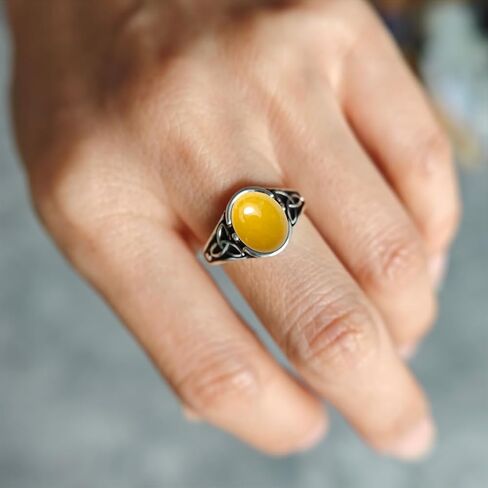 Natural Oval Black Agate Stone Ring,Retro 925 Sterling Silver Genuine Real Quartz Crystal Gemstone Vintage Gothic Punk Viking Celtic Knot Statement Ring for Women (A08_Black Agate, 9) in Kuwait