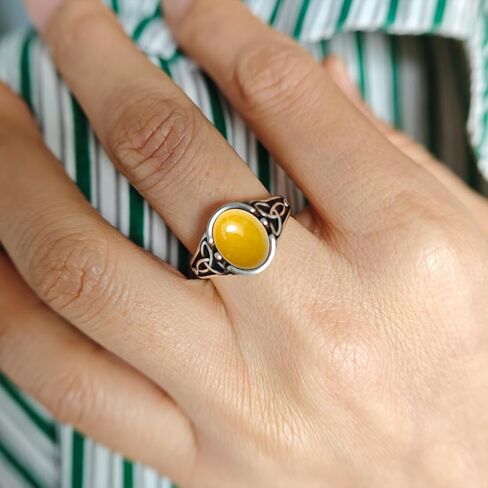 Natural Oval Black Agate Stone Ring,Retro 925 Sterling Silver Genuine Real Quartz Crystal Gemstone Vintage Gothic Punk Viking Celtic Knot Statement Ring for Women (A08_Black Agate, 9) in Kuwait