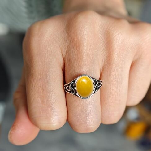 Natural Oval Black Agate Stone Ring,Retro 925 Sterling Silver Genuine Real Quartz Crystal Gemstone Vintage Gothic Punk Viking Celtic Knot Statement Ring for Women (A08_Black Agate, 9) in Kuwait