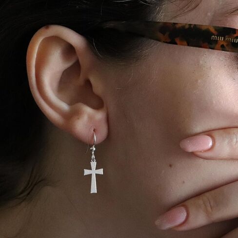 Sterling Silver Cross Earrings | Matte Satin Finish Drop Earrings | Handmade Women’s Dangle Jewelry | Christian Hook Earrings | Faith Gift in Saudi Arabia