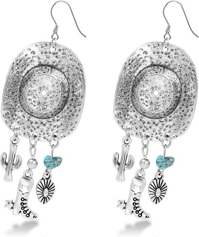 Cowgirl Earrings for Women Western, Silver Rhinestone Dangle Tassel Earrings as Rodeo Country Concert Outfits for Women, Sparkly Western Jewelry Cowboy Chic Hats as Disco Party Decorations in Kuwait