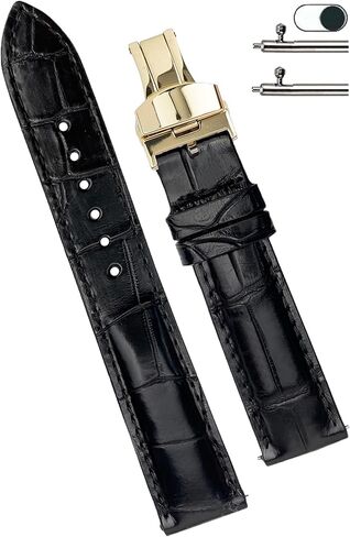 vinacreations 19mm Black Alligator Belly Leather Watch Band Gold Deployment Clasp Men Quick Release Crocodile Exotic Replacement Wristwatch Strap Premium Handmade DH-01D-G-19MM in Kuwait