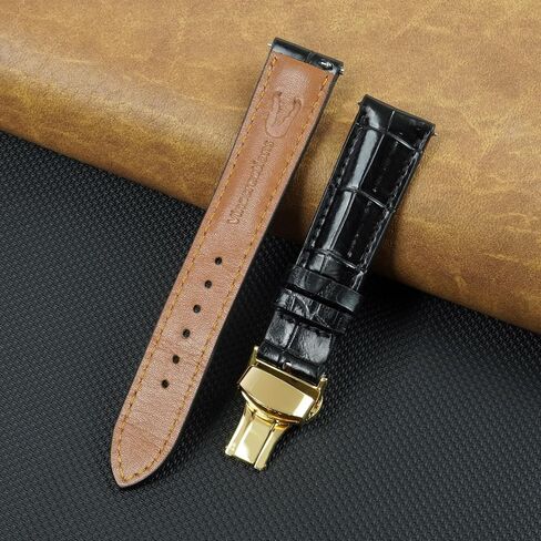 vinacreations 19mm Black Alligator Belly Leather Watch Band Gold Deployment Clasp Men Quick Release Crocodile Exotic Replacement Wristwatch Strap Premium Handmade DH-01D-G-19MM in Kuwait