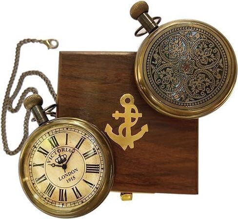 1915 Victoria London Vintage Pocket Watch - Antique Brass Pocket Watch & Chain With Rosewood Wooden Box Personalized Engraved Pocket Watch For Men/Son Baptism, Graduation Day Gift For Men in Saudi Arabia