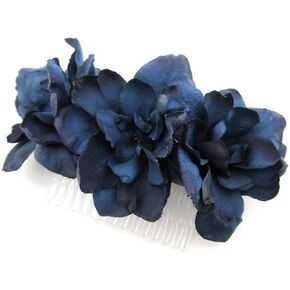Triple Navy Blue Silk Flower Apple Blossom Hair Comb