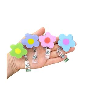Cute Flower Badge Reel Pastel Badge Reel Nurse Badge Holder Retractable Badge Reel Work Badge Acrylic Badge reel (Purple, Belt Clip)