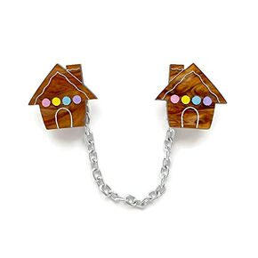 Gingerbread House Sweater Clip, Christmas Cookie Cardigan Clips, Holiday Jewelry, 4" or 6" Chain (4, Brown)