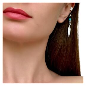 Turquoise Ear Cuff Handmade Tribal Boho Jewelry Silver Feather Cartilage Cuff Earring Fake Jacket Wrap No Hole Earrings Bohemian Jewelry Boho Fashion Jewellery