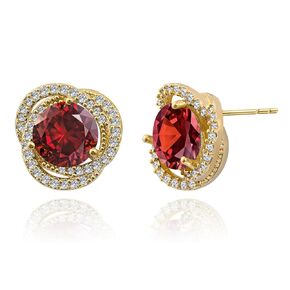 18K Gold Plated Ruby Stud Earrings, Red Crystal with Cubic Zirconia Halo, Hypoallergenic 925 Sterling Silver Post