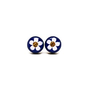 Stud Earrings, White Flower, Gold Sparkle, and Navy Blue 10 mm Round Studs for Women Girls Men, Handmade Stainless Steel Posts for Sensitive Ears, Color Dot