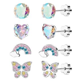 4Pairs Hypoallergenic Earrings for Girls 14K Gold Flat Back Earrings 20G Screw Back Cartilage Earring for Sensitive Skin CZ Heart Butterfly 316L Stainless Steel Stud Earrings for Women