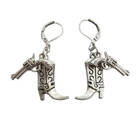 Cowboy Boot and Gun Charm Lever Back Earrings, Western Cowgirl Boot Dangle Pendant Ear Clip for Man Woman, Texas Cool Style Creative Jewelry