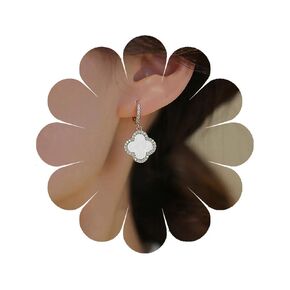 Boho Four Leaf Clover Earrings White Clover Earrings Crystal Clover Dangle Earrings Cz Huggie Hoop Earrings Jewelry for Women and Girls Gifts (White)