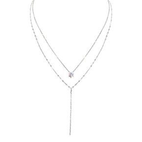 Zircon Lariat Y Necklaces, Silver Long Drop CZ Pendant Y Necklace Dainty Diamond Long Chain Lariat Necklace Fashion Jewelry Gift idea for Women Girls