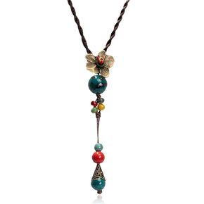 Boho Hippie Antique Flower y Netlace for Women Vintage Colorful Coramic Bead Long Strand Necklace Summer Dite Gift (Red)