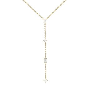 18k Gold Vermeil 4 Diamond Statement Lariat Necklace, Elegant & Dainty June Birthstone Long Necklace, CZ Necklaces for Women with Faux Diamonds, Wedding Guest Jewelry for Brides