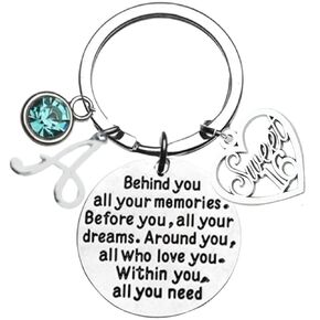Sweet 16 Keychain with Initial Letter and Birthstone – Inspirational Quote “Behind You All Your Memories" – Heart Charm Birthday Gift for Teen Girls, Daughter or Granddaughter in Kuwait