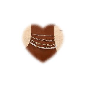 Bohemian Layered Heart Anklet Retro White Clay Bead Ankle Bracelets Gold Heart Anklets Chain Bracelet Summer Beach Foot Ankle Chain Jewelry for Women and Teen