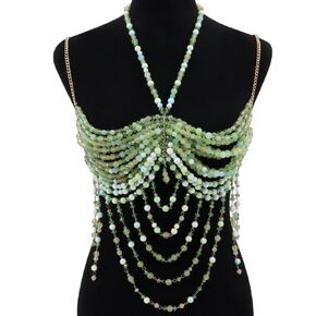 Handmade Beads Body Chain, Mermaid Top Rave Outfit Body Jewelry, Mermaid Costume, Beaded Bra Bralette Bead Waist Body Jewelry for Women for Boho Festival Clubbing (green)