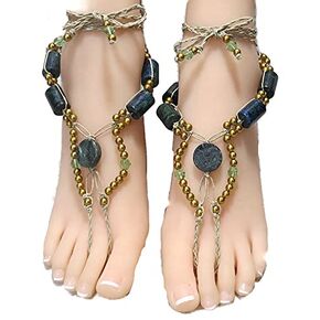 One of a Kind Green & Blue Stone Beaded Hemp Barefoot Sandals