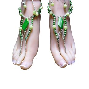 Barefoot Sandals with Green and Yellow Beads. One of a Kind Jewelry! Great for Beach Wear, Bellydancing, and Barefoot Brides.
