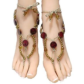 One of a Kind Red and Gold Beaded Hemp Barefoot Sandals
