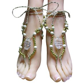 Barefoot Sandals with White and Gold Beads. One of a Kind Jewelry! Great for Beach Wear, Bellydancing, and Barefoot Brides.