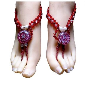 Barefoot Sandals with Red, White, and Frosted Beads. One of a Kind Jewelry! Great for Beach Wear, Bellydancing, and Barefoot Brides.