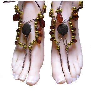 Brown Barefoot Sandals with Gold and Dark Amber Beads. One of a Kind Jewelry! Great for Beach Wear, Bellydancing, and Barefoot Brides.